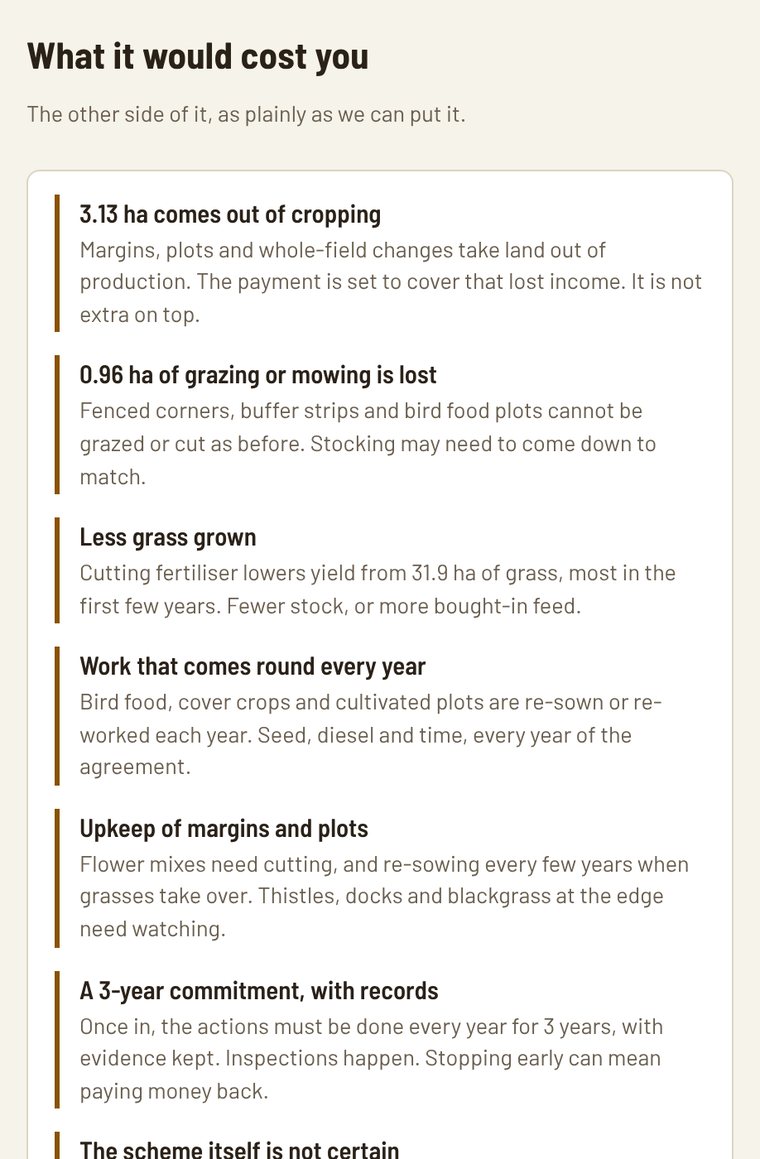 The Summary tab, listing what the plan would cost: land out of cropping, grazing lost, yield risk, yearly work and long-term upkeep.