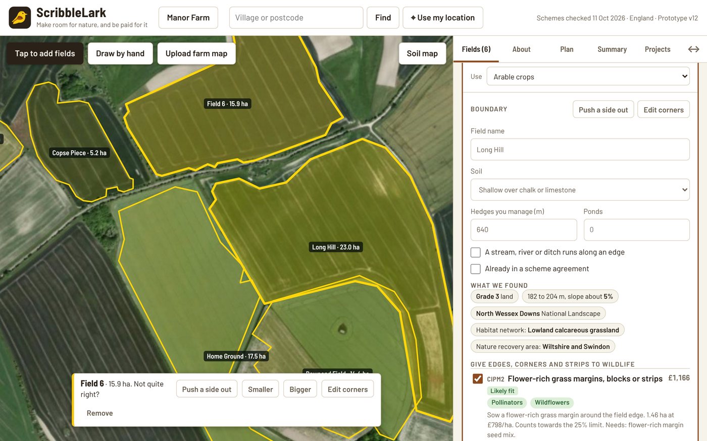 A field opened in the side panel, showing its boundary tools, what was found about the land, and a ticked list of suggested actions.