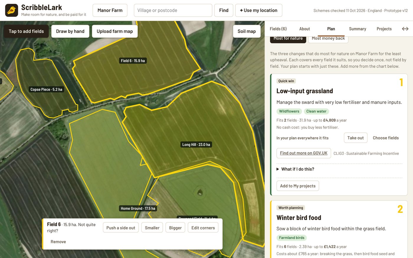 The Plan tab: the first of three Start here cards, low-input grassland, with what it helps, an up-to payment, a Find out more on GOV.UK link, What if I do this? and Add to My projects.