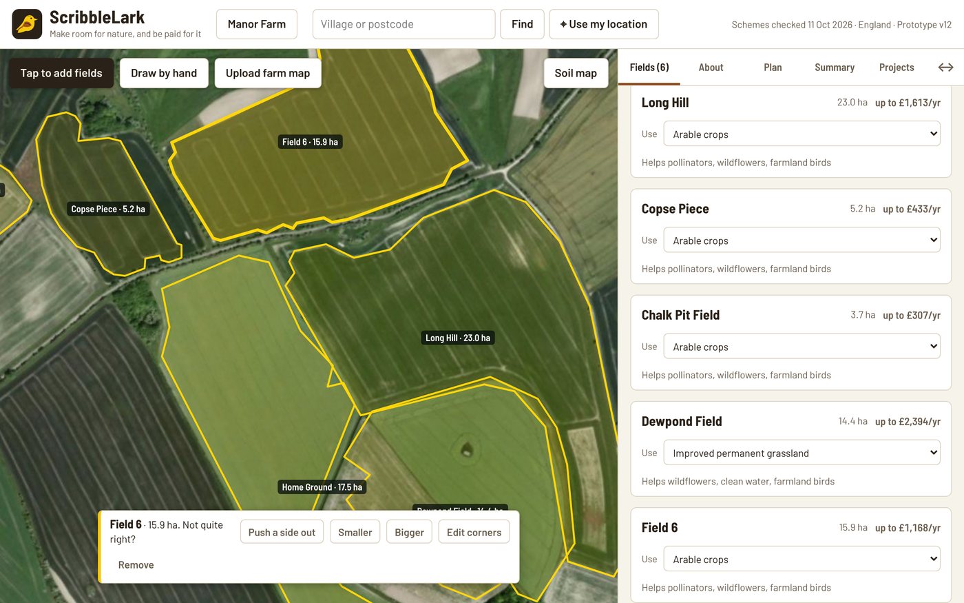 ScribbleLark on a computer: the aerial map with six fields outlined on the left and the list of fields on the right.