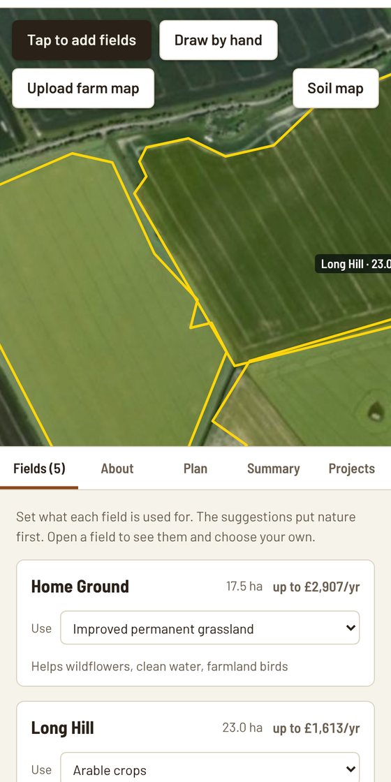 ScribbleLark on a phone: the aerial map with fields outlined in yellow, and the list of fields below with what each could be paid.